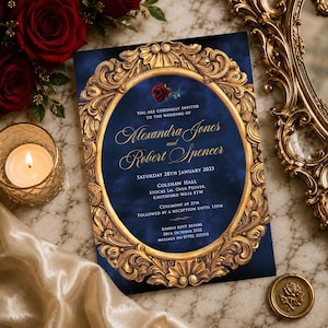 Invitation La Belle et la Bête, Miroir doré, Rose rouge (Invitation numérique) 001