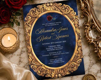 Beauty and the Beast Invitation, Gold Mirror, Red Rose (Digital invite) 001