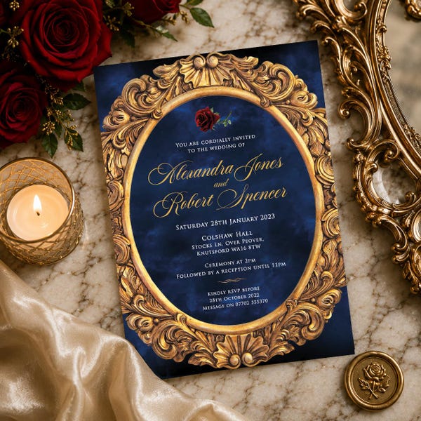 Beauty and the Beast Invitation, Gold Mirror, Red Rose (Digital invite) 001