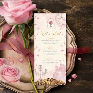 Menù La bella e la bestia, Menù La bella e la bestia per la Quinceanera, Menù digitale per i sedici anni, Menù per la Quinceanera, Menù da favola rosa, 007