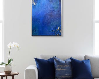 ABYSS oryginalna abstrakcyjna sztuka akrylowa 70x50x7cm, płótno, duży, niebieski, turkusowy, malarstwo, płatki złota, Atelier Hayn, malarstwo, akryl, abstrakcyjny, obraz, złoto