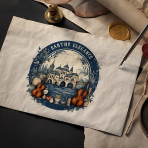 May include: A blue and white illustration of a castle with a bridge over a river. The castle is surrounded by trees and flowers. The illustration is in a circle with the text "Earthy Elegance" around it.