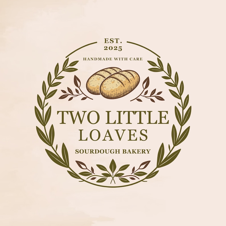 May include: A logo for a sourdough bakery called "Two Little Loaves" established in 2025. The logo features a wreath of green leaves with two loaves of bread in the center. The text "Handmade with Care" is above the bread and "Sourdough Bakery" is below.