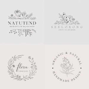 May include: Four different floral logo designs. The first logo says "NATUTEND NEECFLJG BLACHES". The second logo says "SEELORONG CORITS IYG INE BEANE". The third logo says "flora a design studio". The fourth logo says "ORGANIC & NATURAL HANDMADE DESIGN".