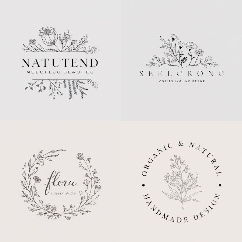May include: Four different floral logo designs. The first logo says "NATUTEND NEECFLJG BLACHES". The second logo says "SEELORONG CORITS IYG INE BEANE". The third logo says "flora a design studio". The fourth logo says "ORGANIC & NATURAL HANDMADE DESIGN".