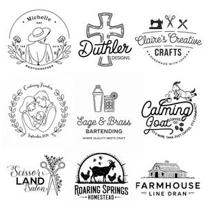 May include: A collection of nine black and white logo designs for various businesses. The logos feature illustrations of a woman, a cross, a sewing machine and scissors, a family, a cocktail shaker, a goat, a pair of scissors, a goat with chickens, and a farmhouse.