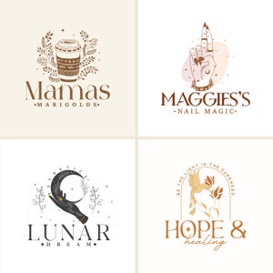Puede incluir: Cuatro logotipos sobre un fondo neutro. El logotipo superior izquierdo presenta una taza de caf&eacute; rodeada de hojas, con el texto "Mamas" y "Marigolds". El logotipo superior derecho muestra una mano con arte de u&ntilde;as, con el texto "Maggies's Nail Magic". El logotipo inferior izquierdo tiene una mano sosteniendo una luna creciente, con el texto "Lunar Dream". El logotipo inferior derecho presenta un p&aacute;jaro y flores, con el texto "Hope & healing."