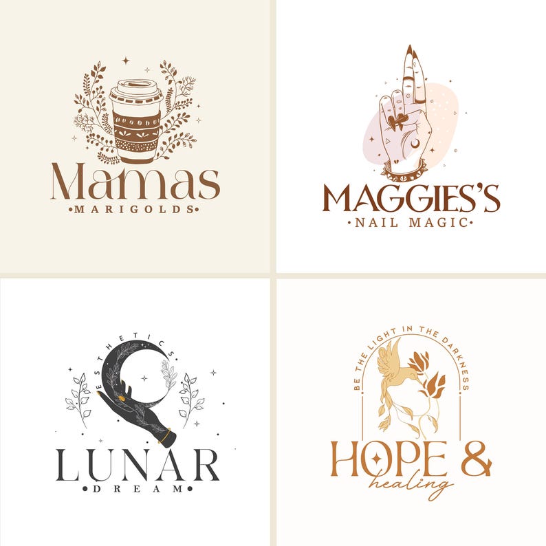 Puede incluir: Cuatro logotipos sobre un fondo neutro. El logotipo superior izquierdo presenta una taza de caf&eacute; rodeada de hojas, con el texto "Mamas" y "Marigolds". El logotipo superior derecho muestra una mano con arte de u&ntilde;as, con el texto "Maggies's Nail Magic". El logotipo inferior izquierdo tiene una mano sosteniendo una luna creciente, con el texto "Lunar Dream". El logotipo inferior derecho presenta un p&aacute;jaro y flores, con el texto "Hope & healing."