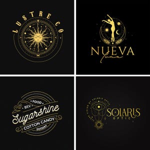 Puede incluir: Cuatro logotipos dorados sobre un fondo negro. Los logotipos incluyen texto e ilustraciones de un sol, una bailarina y un ojo. Los logotipos son para empresas llamadas Lustre Co, Nueva Luna, Sugarshine y Solaris Optic.