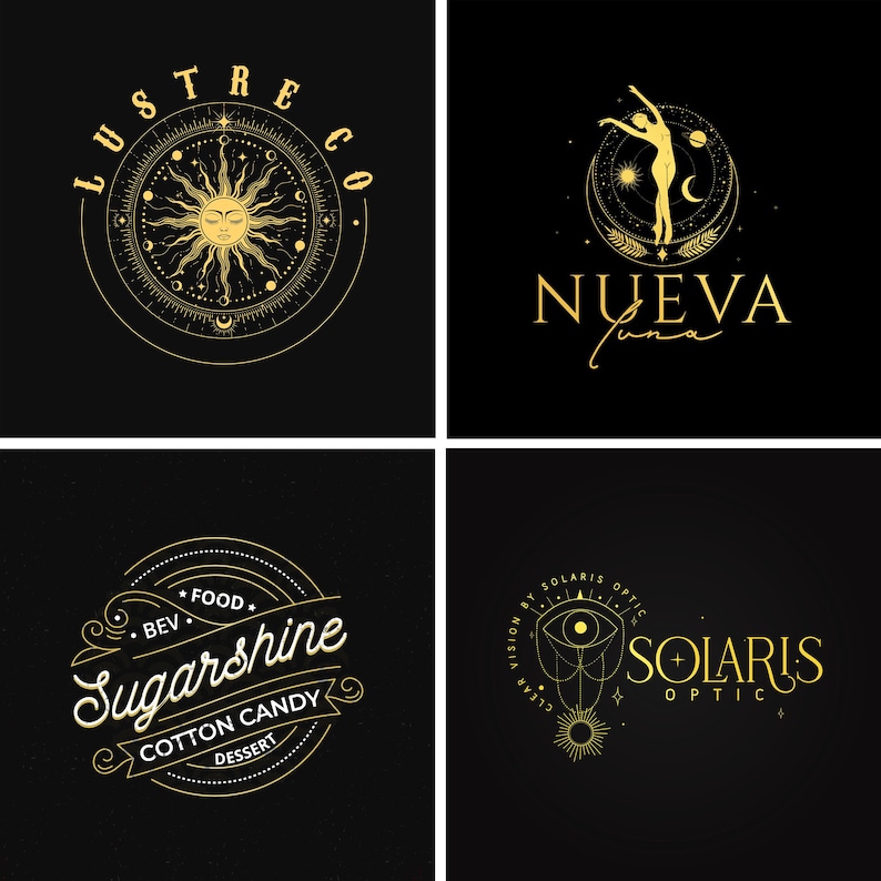 Puede incluir: Cuatro logotipos dorados sobre un fondo negro. Los logotipos incluyen texto e ilustraciones de un sol, una bailarina y un ojo. Los logotipos son para empresas llamadas Lustre Co, Nueva Luna, Sugarshine y Solaris Optic.