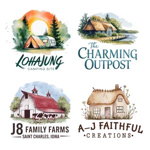 Peut inclure: Quatre illustrations &agrave; l'aquarelle de diff&eacute;rentes entreprises. L'image en haut &agrave; gauche montre un camping avec une tente, un camping-car et des arbres. Le texte en dessous indique "LOHAJUNG CAMPING SITE". L'image en haut &agrave; droite montre un chalet avec un toit de chaume et un quai. Le texte en dessous indique "The CHARMING OUTPOST". L'image en bas &agrave; gauche montre une grange rouge avec un toit blanc et deux vaches devant. Le texte en dessous indique "J8 FAMILY FARMS - SAINT CHARLES, IOWA - ". L'image en bas &agrave; droite montre un petit chalet avec un toit de chaume et des fleurs devant. Le texte en dessous indique "A-J FAITHFUL &bull;CREATIONS."
