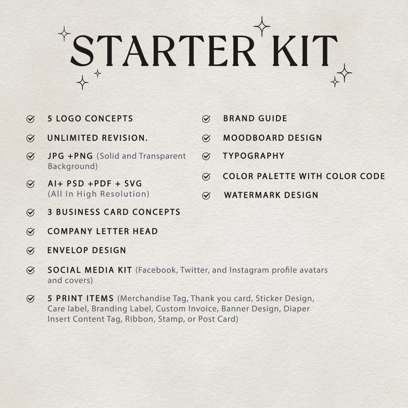 May include: A checklist of services included in a starter kit for branding and design. The services include 5 logo concepts, unlimited revisions, JPG and PNG files, AI, PSD, PDF and SVG files, 3 business card concepts, a company letterhead, an envelope design, a social media kit, and 5 print items.