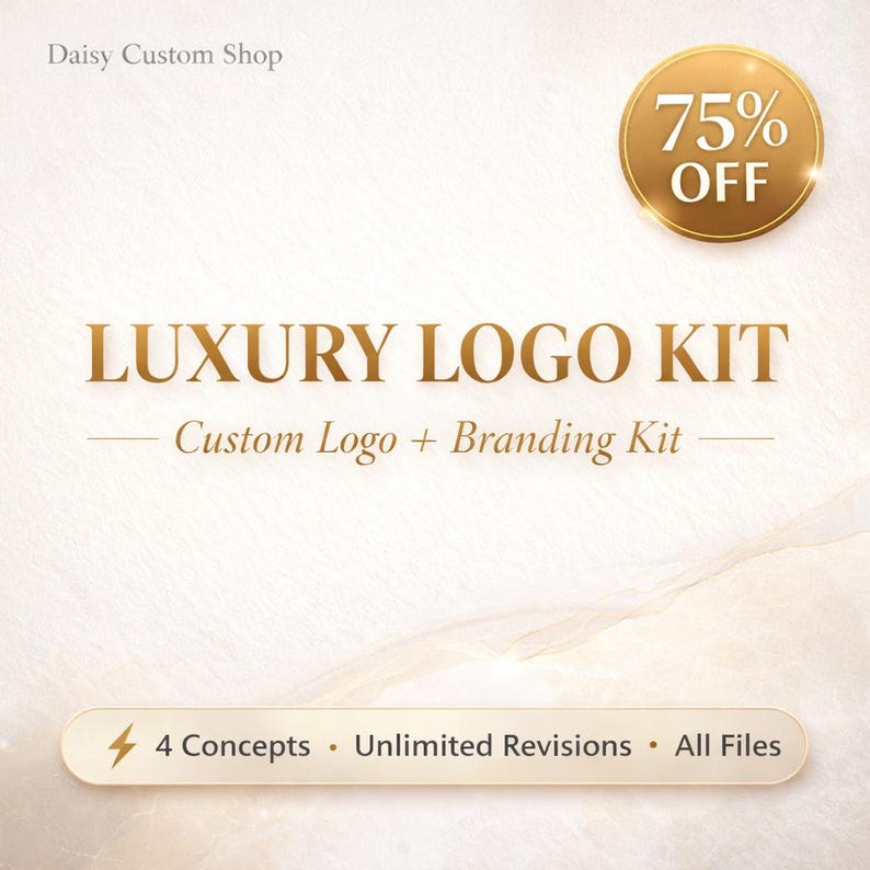 Puede incluir: Gr&aacute;fico promocional para un "Luxury Logo Kit" con texto dorado sobre un fondo crema. El texto incluye "75% OFF", "Luxury Logo Kit" y "Custom Logo + Branding Kit". Texto adicional indica "4 Concepts &bull; Unlimited Revisions &bull; All Files".