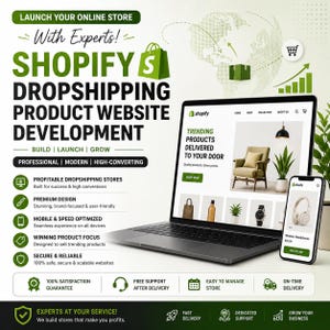 Puede incluir: Un anuncio digital para el desarrollo de sitios web de dropshipping en Shopify con una computadora portátil y un teléfono inteligente que muestran una interfaz de tienda. El gráfico incluye texto como LAUNCH YOUR ONLINE STORE, BUILD, LAUNCH, GROW y enumera características como PROFITABLE DROPSHIPPING STORES y PREMIUM DESIGN.