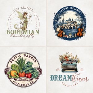May include: Four different logo designs. The first logo features a fairy with green wings and a crown, surrounded by a circle with the text "BOHEMIAN handcrafts". The second logo features a castle with a bridge over a river, surrounded by a circle with the text "EARTHY ELEGANCE". The third logo features a circle with the text "RUSTIC WANDER VEGETABLES CO." and a variety of vegetables. The fourth logo features a vintage typewriter with flowers, surrounded by a circle with the text "DREAMWeaver CREATIONS".