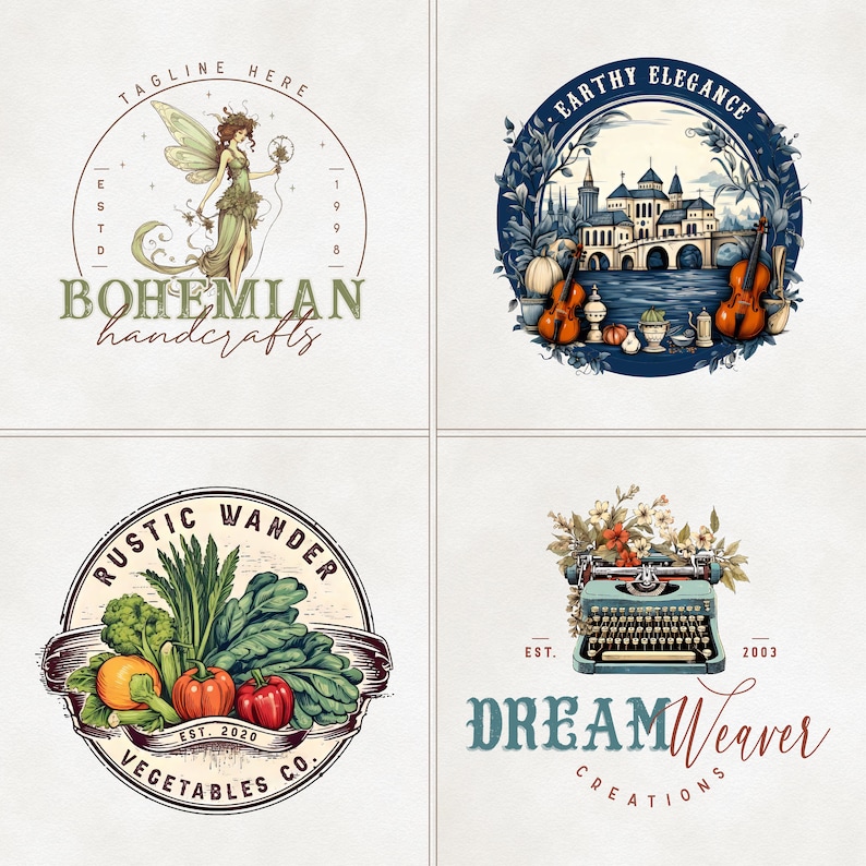 May include: Four different logo designs. The first logo features a fairy with green wings and a crown, surrounded by a circle with the text "BOHEMIAN handcrafts". The second logo features a castle with a bridge over a river, surrounded by a circle with the text "EARTHY ELEGANCE". The third logo features a circle with the text "RUSTIC WANDER VEGETABLES CO." and a variety of vegetables. The fourth logo features a vintage typewriter with flowers, surrounded by a circle with the text "DREAMWeaver CREATIONS".