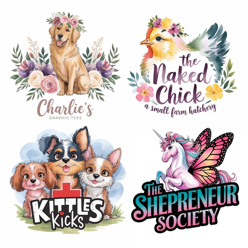 Peut inclure: Quatre logos diff&eacute;rents mettant en sc&egrave;ne des illustrations d'animaux &agrave; l'aquarelle. Le premier logo repr&eacute;sente un golden retriever portant une couronne de fleurs avec le texte "Charlie's Graphic Tees". Le deuxi&egrave;me logo repr&eacute;sente une poule portant une couronne de fleurs avec le texte "The Naked Chick a small farm hatchery". Le troisi&egrave;me logo repr&eacute;sente trois chiens avec le texte "Kittles Kicks". Le quatri&egrave;me logo repr&eacute;sente une licorne avec des ailes de papillon avec le texte "The Shepreneur Society".