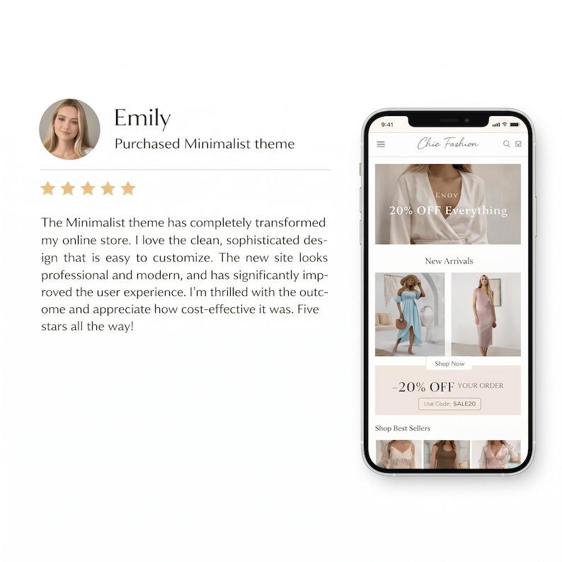 May include: A smartphone displays a website with a minimalist theme, showcasing clothing. The screen shows a banner with "20% OFF Everything" and a customer review. The website features new arrivals and a "Shop Now" section.