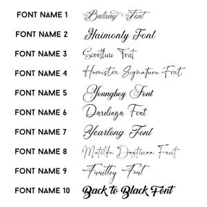 May include: A list of 10 different font names written in cursive script. The font names are: Balisay Font, Haimonty Font, Scootline Font, Hamiston Signature Font, Youngbey Font, Darlinga Font, Yearlong Font, Matilda Destince Font, Furilley Font, and Back to Black Font.