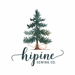May include: A watercolor illustration of a green pine tree tied with twine. The text "hipine SEWING CO." is written in a cursive font below the tree.