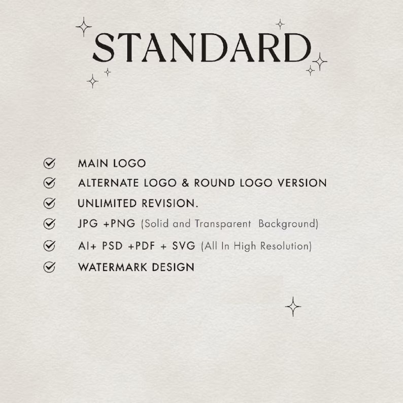May include: A checklist of services included in a standard logo design package. The checklist includes main logo, alternate logo and round logo version, unlimited revisions, JPG and PNG files, AI, PSD, PDF and SVG files, and watermark design.