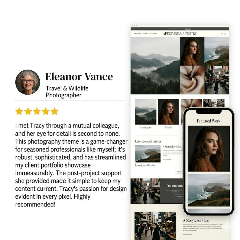 May include: A website design showcasing a travel and wildlife photographer's portfolio. The design includes landscape and portrait images, a mobile phone mockup, and the text "Eleanor Vance, Travel & Wildlife Photographer."