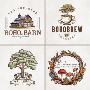 May include: Four different logo designs featuring a rustic, bohemian theme. The first logo features a red barn with the text "BOHO BARN creations". The second logo features a tree growing out of a coffee cup with the text "BOHOBREW ROASTERY". The third logo features a tree with the text "WILDWOOD ARTISTRY CO.". The fourth logo features a wreath of leaves and mushrooms with the text "Bohemian BOUNTY CRAFT CO."