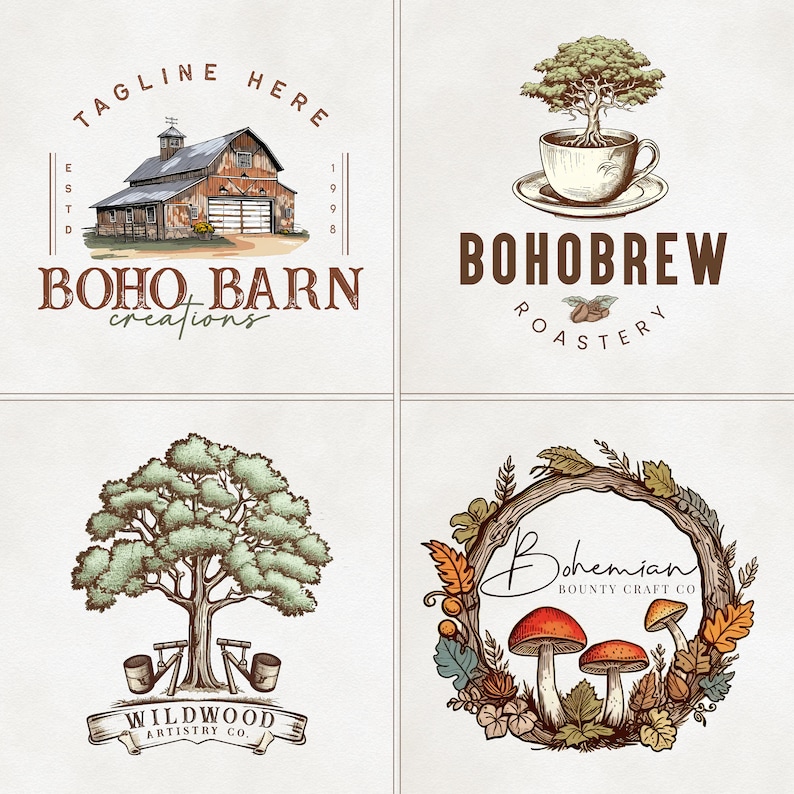 May include: Four different logo designs featuring a rustic, bohemian theme. The first logo features a red barn with the text "BOHO BARN creations". The second logo features a tree growing out of a coffee cup with the text "BOHOBREW ROASTERY". The third logo features a tree with the text "WILDWOOD ARTISTRY CO.". The fourth logo features a wreath of leaves and mushrooms with the text "Bohemian BOUNTY CRAFT CO."