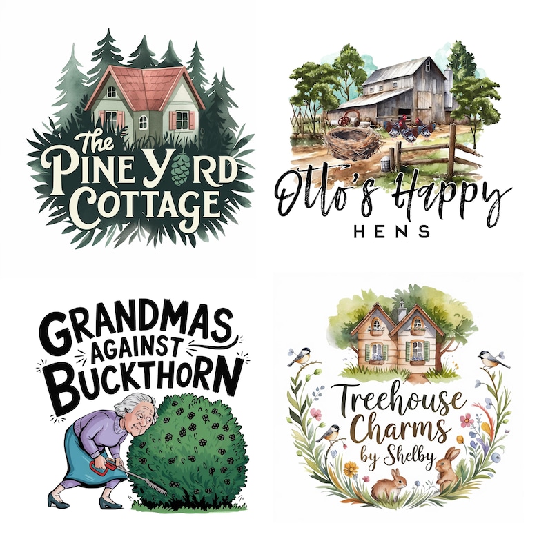 Peut inclure: Quatre illustrations &agrave; l'aquarelle de diff&eacute;rentes entreprises. La premi&egrave;re est un chalet vert avec un toit rouge dans une for&ecirc;t avec le texte "The Pine Yard Cottage". La deuxi&egrave;me est une grange rouge avec un nid d'&oelig;ufs devant et le texte "Otto's Happy Hens". La troisi&egrave;me est une femme avec une tondeuse &agrave; haie qui taille un buisson avec le texte "Grandmas Against Buckthorn". La quatri&egrave;me est une petite maison avec une couronne de fleurs autour et le texte "Treehouse Charms by Shelby".