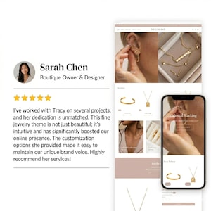 May include: A website design showcasing gold jewelry, including necklaces, earrings, and bracelets. The site features a testimonial from Sarah Chen, Boutique Owner & Designer. A smartphone displays a "Celestial Stacking" jewelry collection.