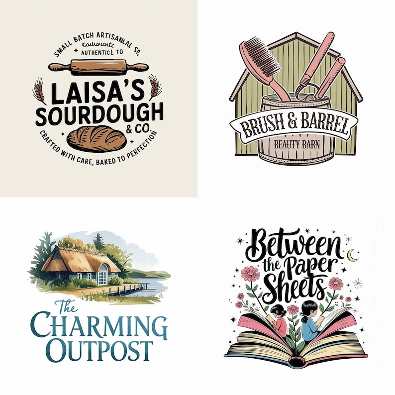 May include: Four different logo designs. The first logo is for a bakery called "Laisa's Sourdough & Co." and features a rolling pin and a loaf of bread. The second logo is for a beauty salon called "Brush & Barrel Beauty Barn" and features a wooden barrel with hair brushes and a curling iron. The third logo is for a business called "The Charming Outpost" and features a cottage with a thatched roof. The fourth logo is for a business called "Between the Paper Sheets" and features an open book with two people reading inside.