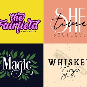 Puede incluir: Un collage de cuatro logotipos. El logotipo superior izquierdo dice "the Fairfield PHOTOBOOTH" en una fuente retro p&uacute;rpura sobre un fondo amarillo. El logotipo superior derecho dice "SHE time BOUTIQUE" sobre un fondo melocot&oacute;n. El logotipo inferior izquierdo dice "Magic" con hojas verdes sobre un fondo azul oscuro. El logotipo inferior derecho dice "WHISKEY Ginger" con una ilustraci&oacute;n de peine sobre un fondo beige.
