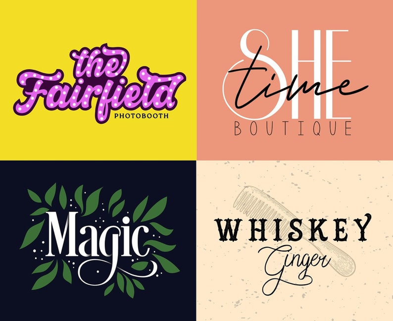 Puede incluir: Un collage de cuatro logotipos. El logotipo superior izquierdo dice "the Fairfield PHOTOBOOTH" en una fuente retro p&uacute;rpura sobre un fondo amarillo. El logotipo superior derecho dice "SHE time BOUTIQUE" sobre un fondo melocot&oacute;n. El logotipo inferior izquierdo dice "Magic" con hojas verdes sobre un fondo azul oscuro. El logotipo inferior derecho dice "WHISKEY Ginger" con una ilustraci&oacute;n de peine sobre un fondo beige.