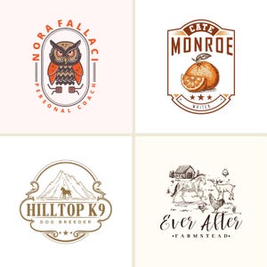 Puede incluir: Cuatro logotipos de estilo vintage sobre un fondo crema. Los logotipos incluyen un b&uacute;ho con el texto "Nora Fallaci Personal Coach", una naranja con el texto "Cate Monroe Writer", una silueta de perro con el texto "Hilltop K9 Dog Breeder" y una escena de granja con el texto "Ever After Farmstead".