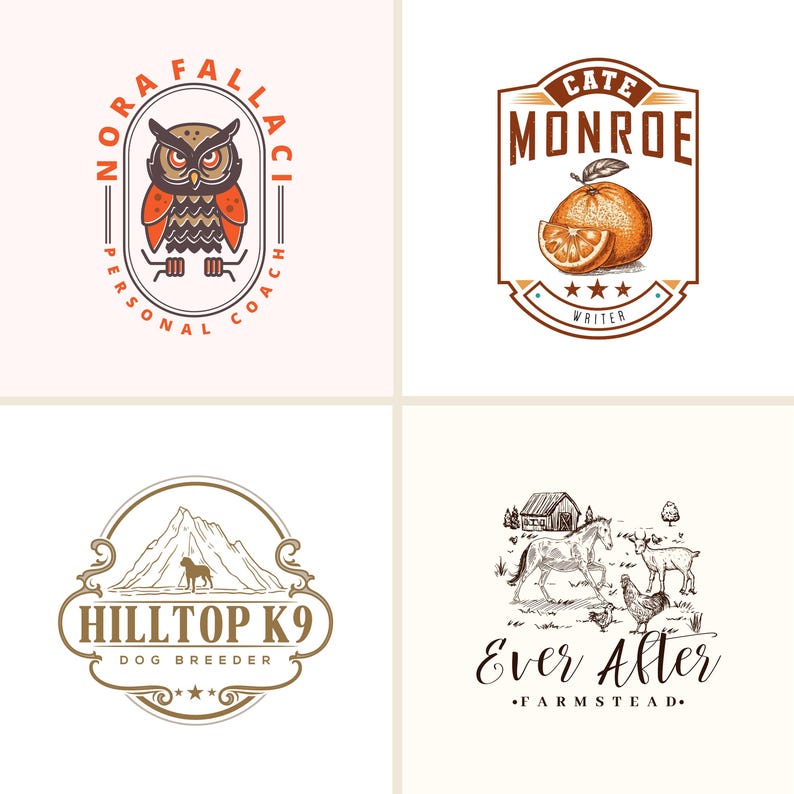 Puede incluir: Cuatro logotipos de estilo vintage sobre un fondo crema. Los logotipos incluyen un b&uacute;ho con el texto "Nora Fallaci Personal Coach", una naranja con el texto "Cate Monroe Writer", una silueta de perro con el texto "Hilltop K9 Dog Breeder" y una escena de granja con el texto "Ever After Farmstead".