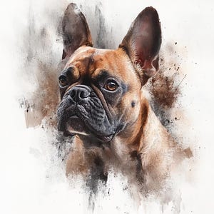 May include: A watercolor painting of a French Bulldog with brown and black fur. The dog's head is turned to the side, and its eyes are looking off to the side. The background is a soft, watercolor wash of brown and gray.