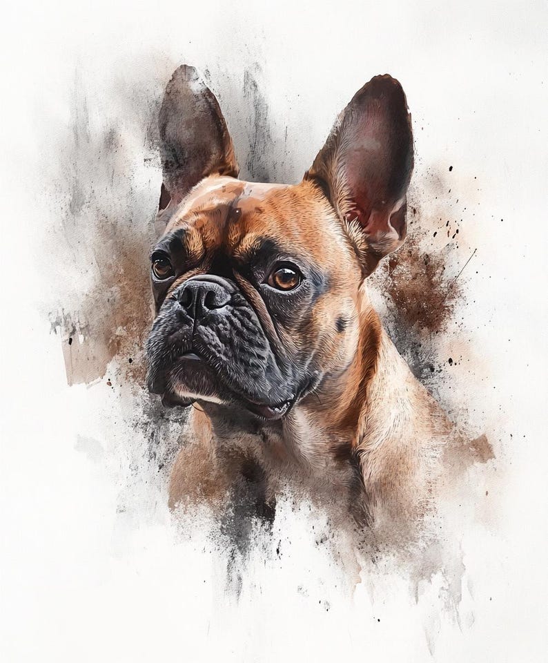May include: A watercolor painting of a French Bulldog with brown and black fur. The dog's head is turned to the side, and its eyes are looking off to the side. The background is a soft, watercolor wash of brown and gray.