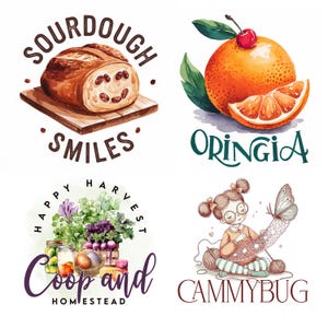 Peut inclure: Quatre illustrations &agrave; l'aquarelle de logos. Le premier logo est un pain au levain brun avec un visage souriant sur une planche de bois avec le texte "Sourdough Smiles". Le deuxi&egrave;me logo est une illustration &agrave; l'aquarelle d'une orange avec une cerise sur le dessus et le texte "Oringia". Le troisi&egrave;me logo est une illustration &agrave; l'aquarelle d'un pot de cornichons, un panier de l&eacute;gumes et des &oelig;ufs avec le texte "Happy Harvest Coop and Homestead". Le quatri&egrave;me logo est une illustration &agrave; l'aquarelle d'une fille avec des lunettes qui tricote un filet avec un papillon dessus et le texte "Cammybug".