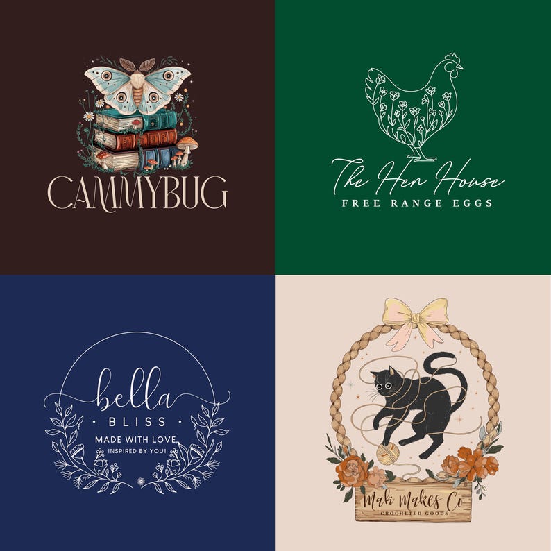 Peut inclure: Quatre logos diff&eacute;rents pour de petites entreprises. Le premier logo repr&eacute;sente un papillon de nuit aux ailes d&eacute;ploy&eacute;es, perch&eacute; sur une pile de livres, avec le texte "CAMMYBUG". Le deuxi&egrave;me logo est un dessin au trait d'une poule avec des fleurs &agrave; l'int&eacute;rieur de son corps, avec le texte "The Hen House FREE RANGE EGGS". Le troisi&egrave;me logo est un cercle avec le texte "bella BLISS MADE WITH LOVE INSPIRED BY YOU!" entour&eacute; d'une couronne de fleurs. Le quatri&egrave;me logo repr&eacute;sente un chat noir jouant avec une pelote de laine &agrave; l'int&eacute;rieur d'une couronne de fleurs, avec le texte "Mak Makes Co CROCHETED GOODS".