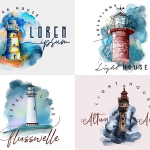 Puede incluir: Cuatro logotipos de faros en acuarela. Los logotipos presentan faros en varios colores, incluyendo azul, amarillo, rojo y blanco. Cada logotipo tiene texto, como "Bar House", "Solutions", "Consulting" y "Light House". Los logotipos est&aacute;n sobre un fondo de acuarela.