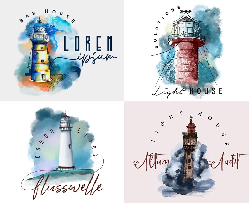 Puede incluir: Cuatro logotipos de faros en acuarela. Los logotipos presentan faros en varios colores, incluyendo azul, amarillo, rojo y blanco. Cada logotipo tiene texto, como "Bar House", "Solutions", "Consulting" y "Light House". Los logotipos est&aacute;n sobre un fondo de acuarela.