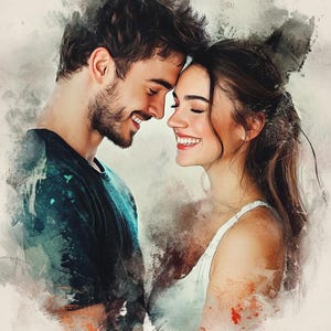 May include: A watercolor painting of a couple looking at each other with smiles on their faces. The man is wearing a dark blue shirt and the woman is wearing a white tank top. The background is a light gray with watercolor washes.