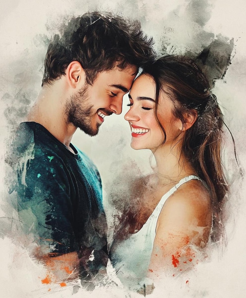 May include: A watercolor painting of a couple looking at each other with smiles on their faces. The man is wearing a dark blue shirt and the woman is wearing a white tank top. The background is a light gray with watercolor washes.