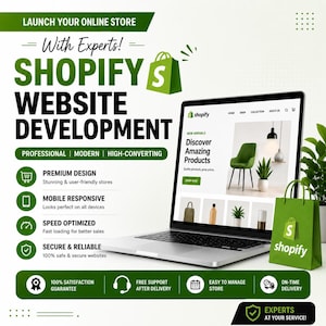Op de afbeelding: Een promotionele afbeelding voor Shopify website-ontwikkelingsdiensten met een laptop die een winkelinterface toont, een groene boodschappentas en tekst waaronder "Launch Your Online Store With Experts!" en "Shopify Website Development."