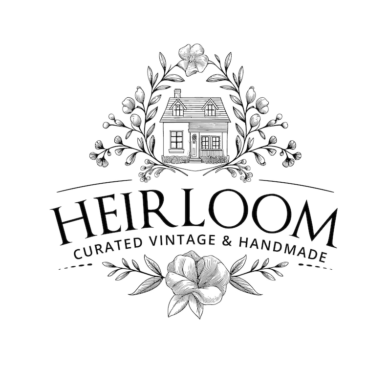 May include: Black and white illustration of a house with a flower wreath above it. The text "HEIRLOOM CURATED VINTAGE & HANDMADE" is below the house.