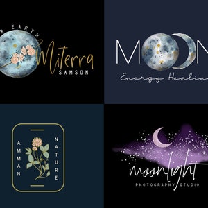 Puede incluir: Cuatro dise&ntilde;os de logotipos sobre un fondo negro y azul marino. Los logotipos presentan temas celestiales y bot&aacute;nicos. Un logotipo tiene una luna azul con flores y el texto "Mother Earth Miterra Samson". Otro logotipo muestra una luna y una media luna con el texto "Moon Energy Healing."