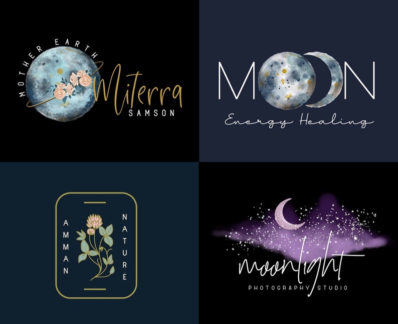 Puede incluir: Cuatro dise&ntilde;os de logotipos sobre un fondo negro y azul marino. Los logotipos presentan temas celestiales y bot&aacute;nicos. Un logotipo tiene una luna azul con flores y el texto "Mother Earth Miterra Samson". Otro logotipo muestra una luna y una media luna con el texto "Moon Energy Healing."