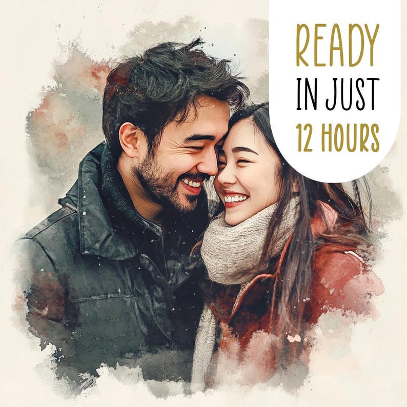 May include: A watercolor painting of a couple smiling at each other. The painting has a soft, romantic feel and is perfect for a wedding or anniversary gift. The text "READY IN JUST 12 HOURS" is written in gold lettering on a white background.