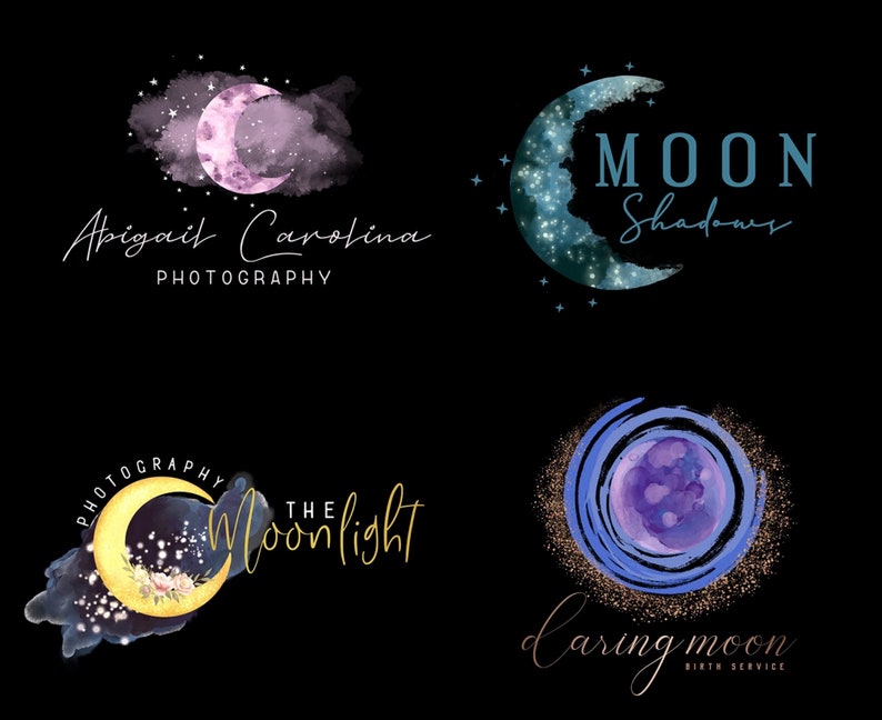 Puede incluir: Cuatro logotipos con lunas crecientes y elementos celestiales. Los logotipos incluyen texto como "Abigail Carolina Photography", "Moon Shadows", "The Moonlight" y "Caring Moon Birth Service". Cada logotipo tiene un dise&ntilde;o &uacute;nico con efectos de acuarela y purpurina.