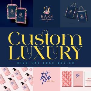 Puede incluir: Un collage de elementos de marca, que incluyen logotipos, etiquetas, bolsas de la compra y embalajes de productos. Los logotipos presentan dise&ntilde;os florales y el texto "BARS baked goods" y "bttra MED SPA". Tambi&eacute;n se muestra la frase "Custom LUXURY".